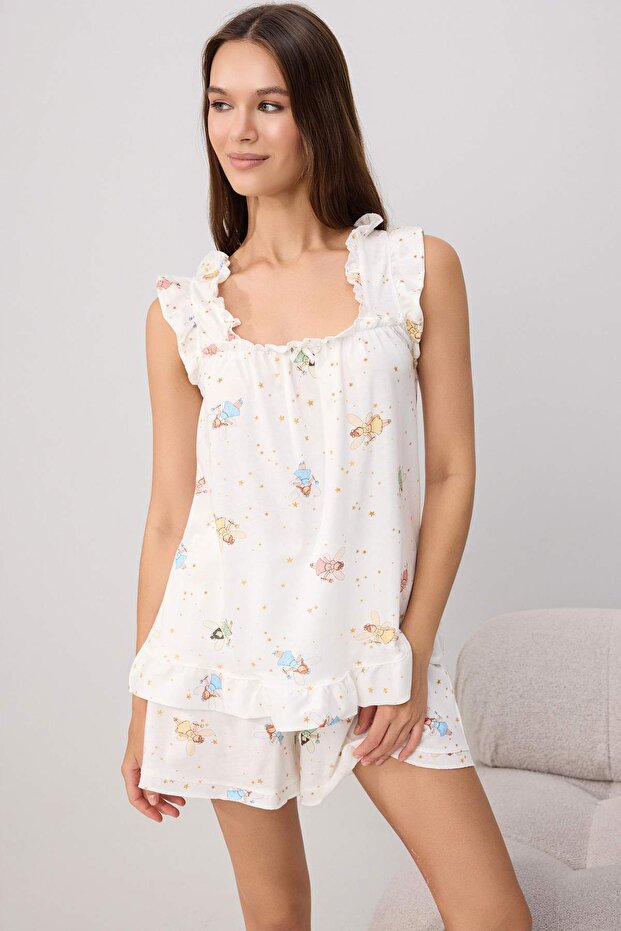 Teen Ekru %100 Pamuklu Eğlenceli Peri Baskılı Örme Pijama Takımı THMSS26PT00179 - 2