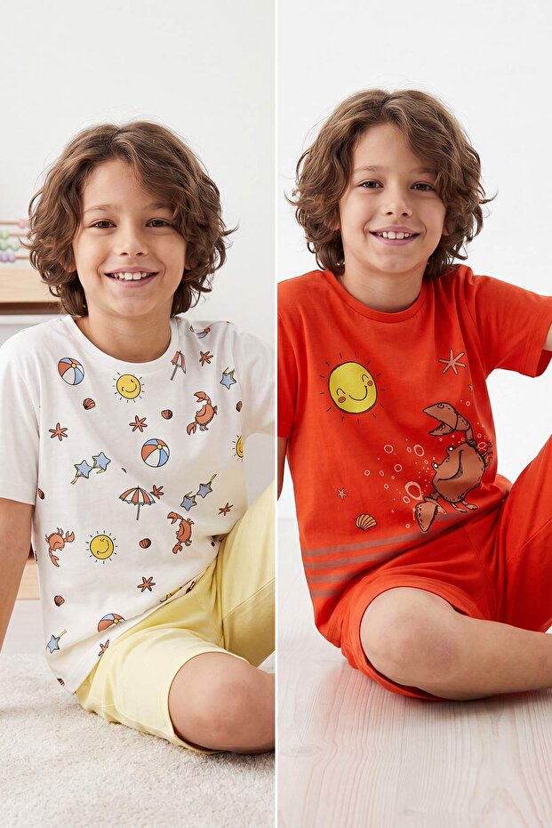 Orange-Ecru 4-Piece Boys' Printed Pajama Set