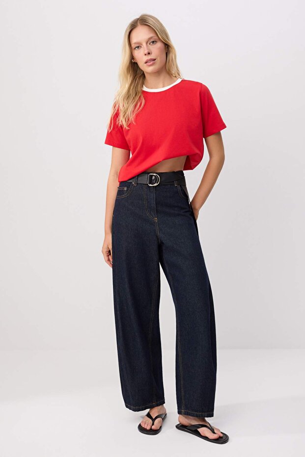 Kırmızı Regular/Normal Kalıp Kontrast Detaylı Kısa Kol %100 Pamuk Örme T-shirt TWOSS26TS00322 - 3