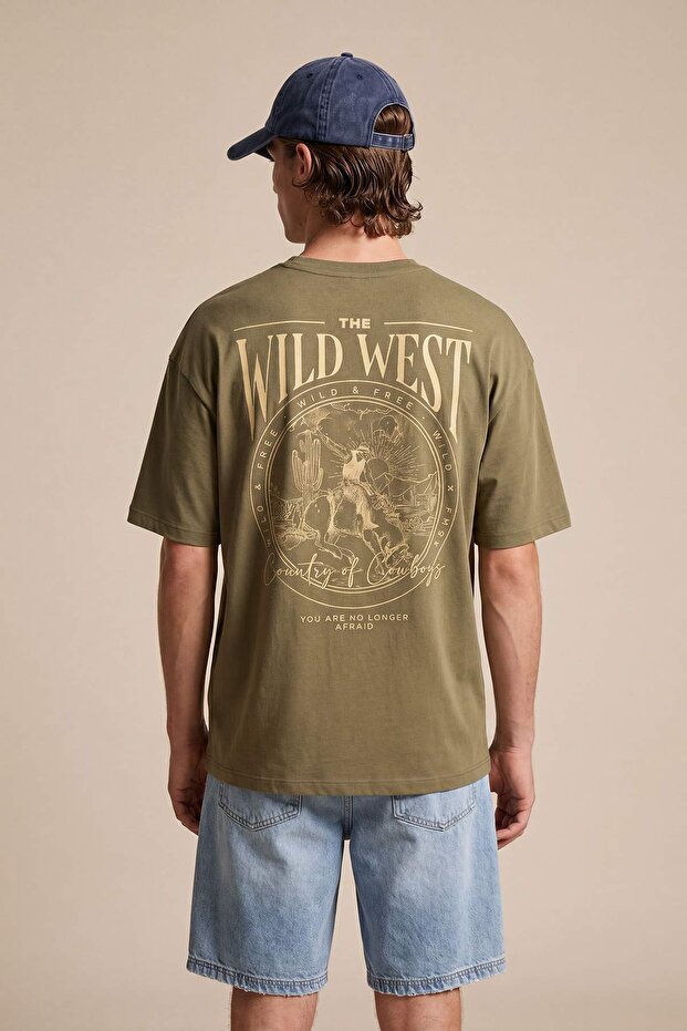 Haki Oversize/Geniş Kesim %100 Pamuklu Sırt Baskılı T-Shirt TMNSS24TS00003 - 4