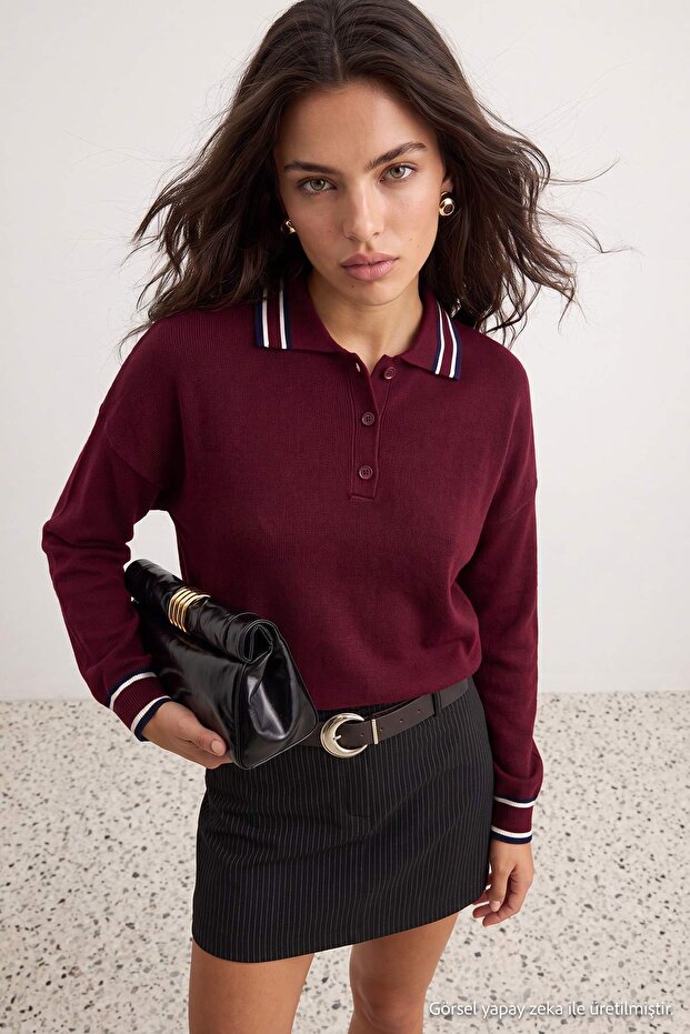 Bordo Renk Bloklu Polo Yaka Triko Kazak TWOAW26KZ00238