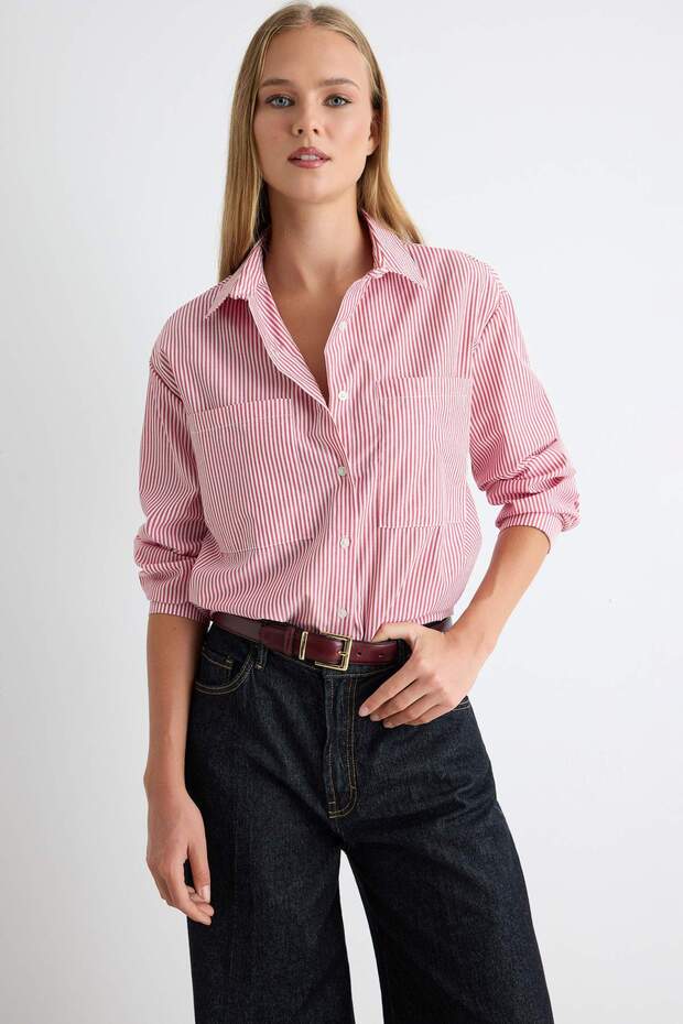 Kırmızı Çizgili Oversize Geniş Kalıp Dokuma Gömlek TWOAW23GO00359 - 2