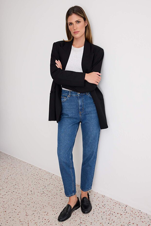 Koyu Mavi Yüksek Bel Mom %100 Pamuk Non-Stretch Jeans TWOAW24JE00076 - 3
