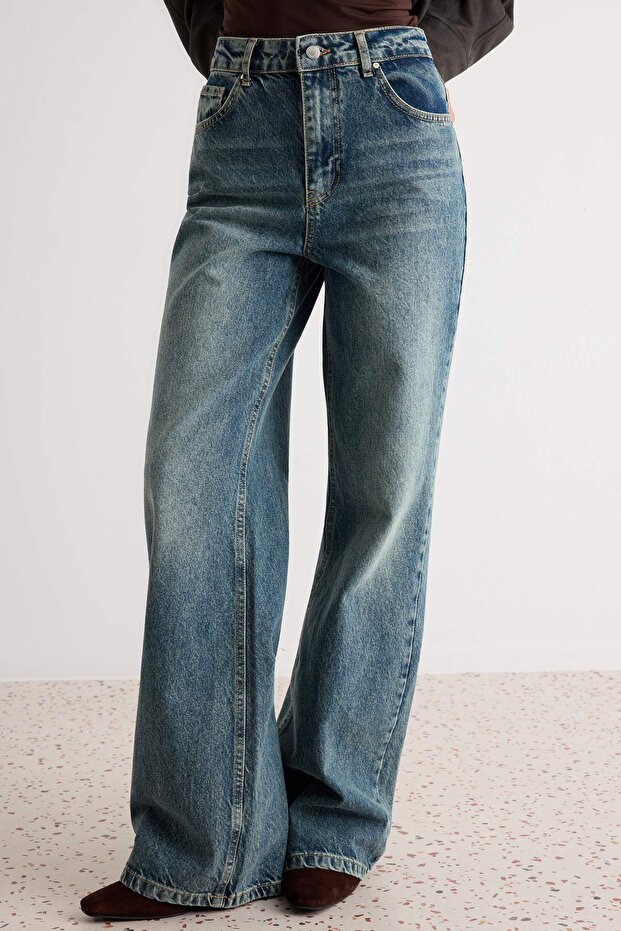 Mavi Soluk Efekt Vintage Yüksek Bel Wide Leg Geniş Paça %100 Pamuk Non-Stretch Jeans TWOAW24JE00089 - 3