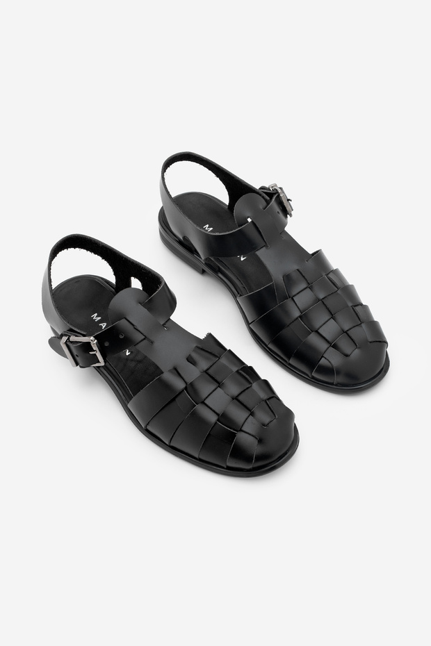 Women's Genuine Leather Ankle Strap Buckle Closed Front Striped Casual Sandals Talviro Black