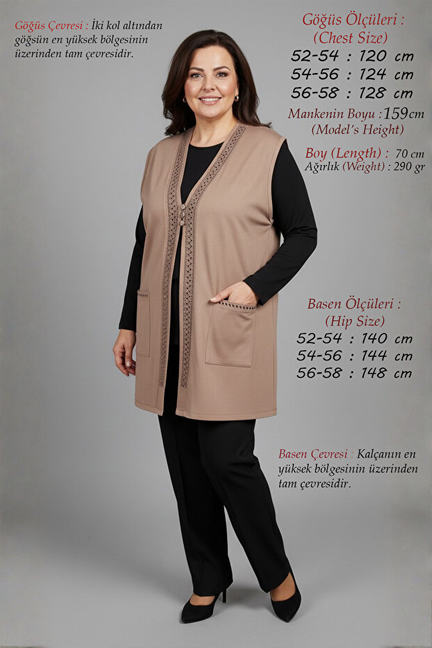 Plus Size Women's Summer Turlu Viscose Combed Cotton Breathable Buttoned Stoned 70 cm Mother Short Vest