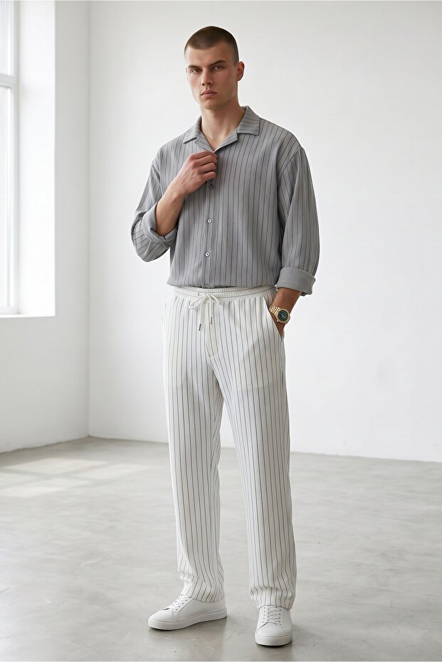 Men's Smoke Grey-White Zr Crepe Long Sleeve Shirt Pants Tracksuit Set