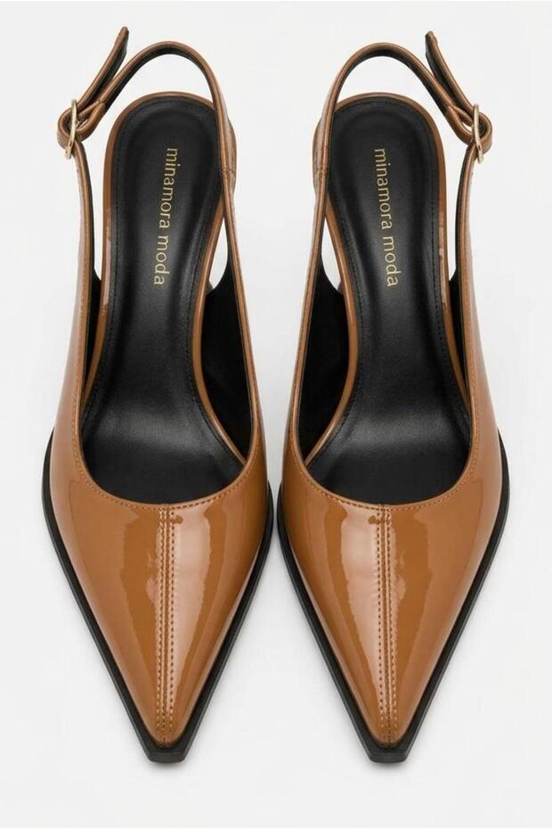 Gevis Stitched Detailed Camel Patent Leather Women's Heeled Shoes