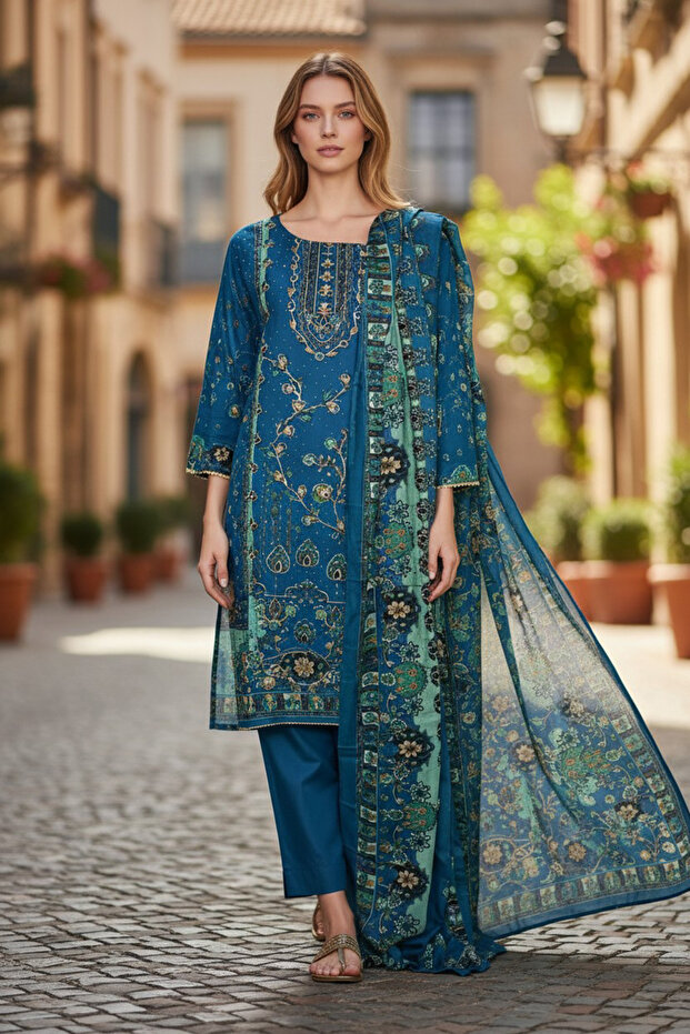 Women’s 3 Piece Rayon Printed Kurta Set with Dupatta-FULLY STICHED -3 PIECE SUIT