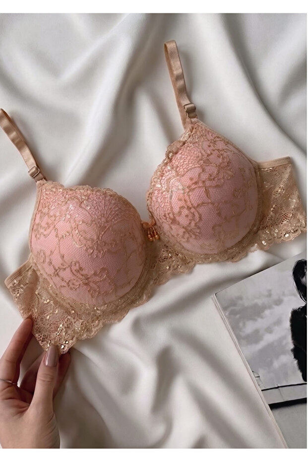 Women's Pink Lace Detailed Padded Underwire Support Bra