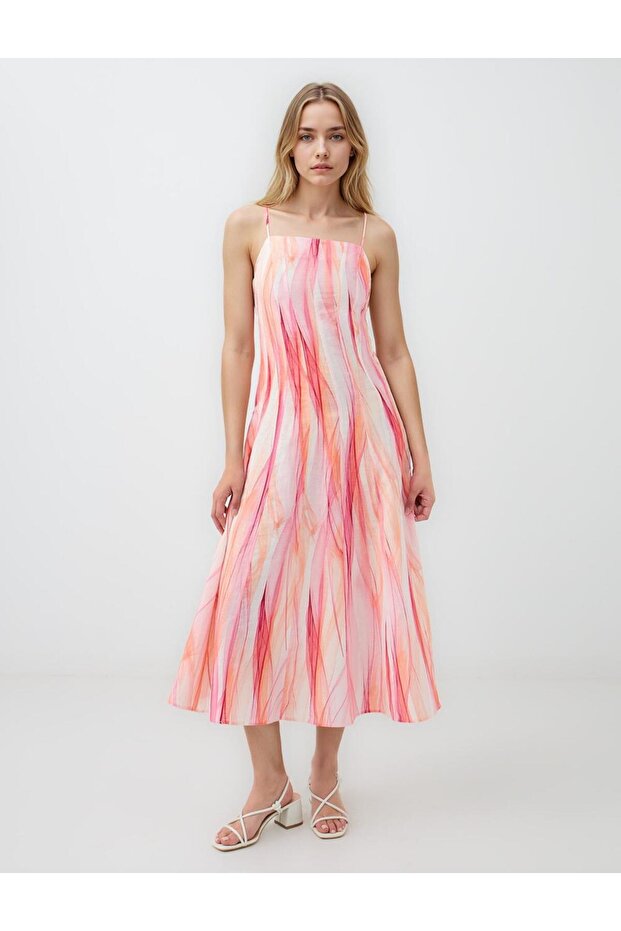 Pink Square Neck Patterned Linen Blend Midi Dress