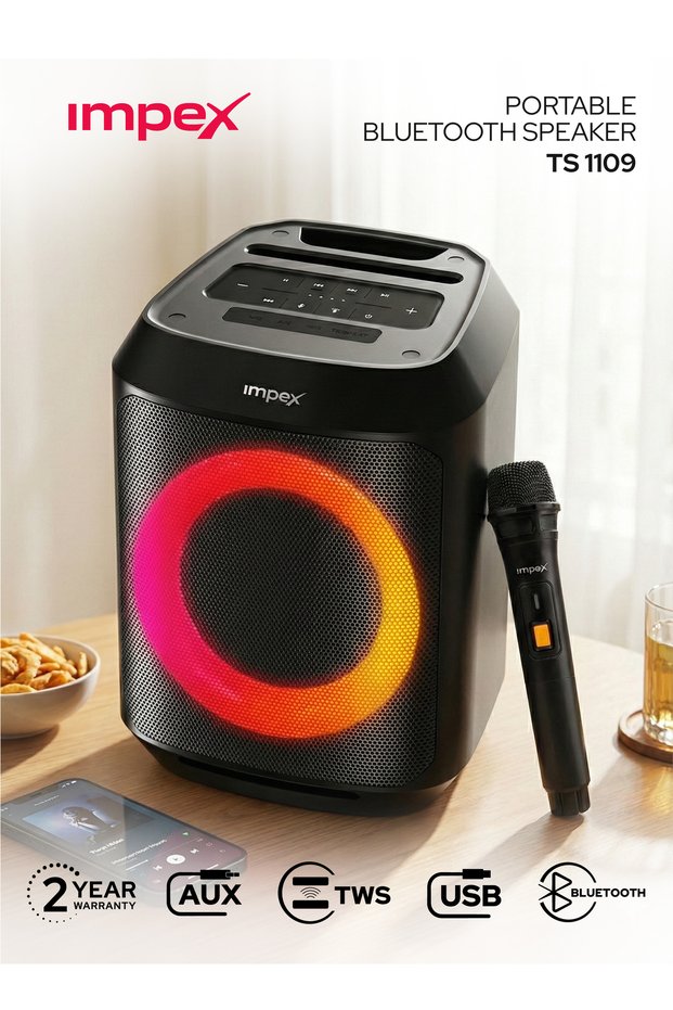 8 Inch Portable Bluetooth Speaker TS1109 1500W PMPO Ring Light Mic USB AUX TWS 2Yr