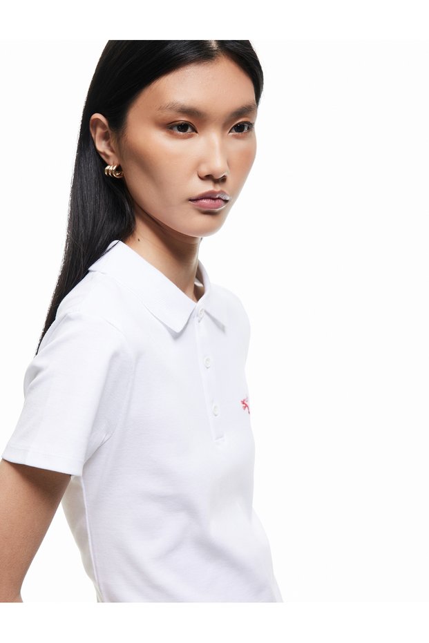 Cotton Embroidery Detailed Buttoned Short Sleeve Polo Neck T-Shirt