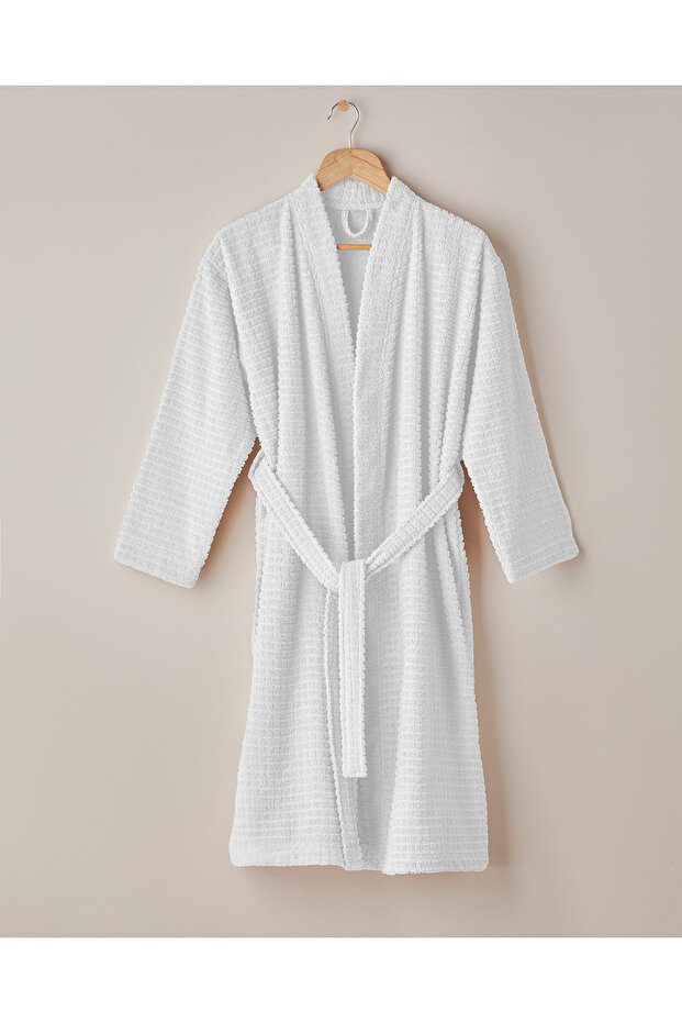 Chequer Cotton Bathrobe S-M White