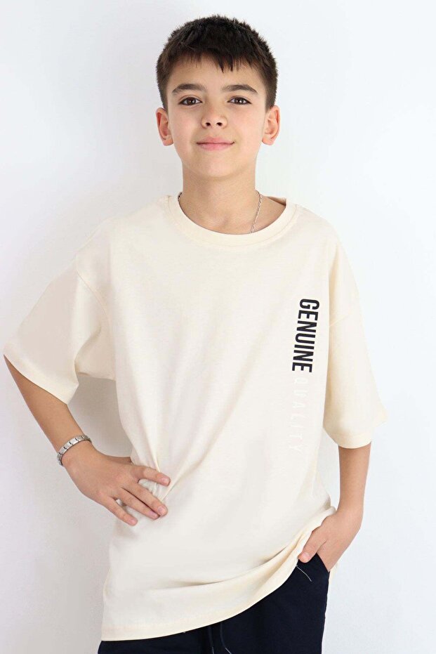 Boy's T-Shirt with Printed Text on the Back, Ages 9-14, Cream Color.