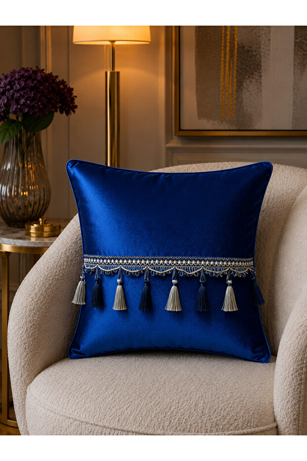 Woven Velvet Atlas Navy Blue with Hanging Tassels 43X43 Square