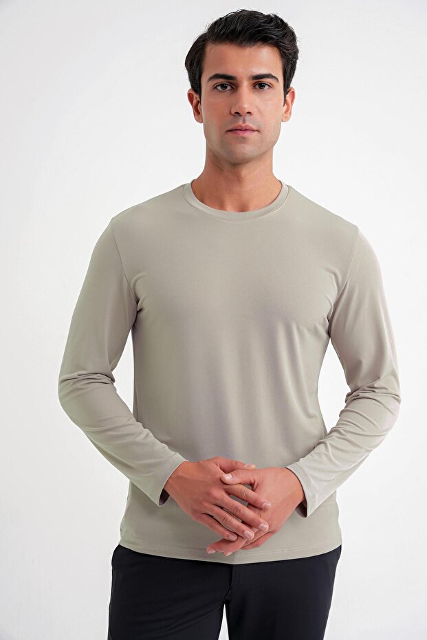 Slim Fit Cotton Fabric Long Sleeve Beige T-Shirt Ts 917