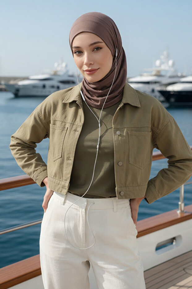 Combed Cotton Bonnet with Neck Covering Feature and Headphone Opening, B-94, Chocolate