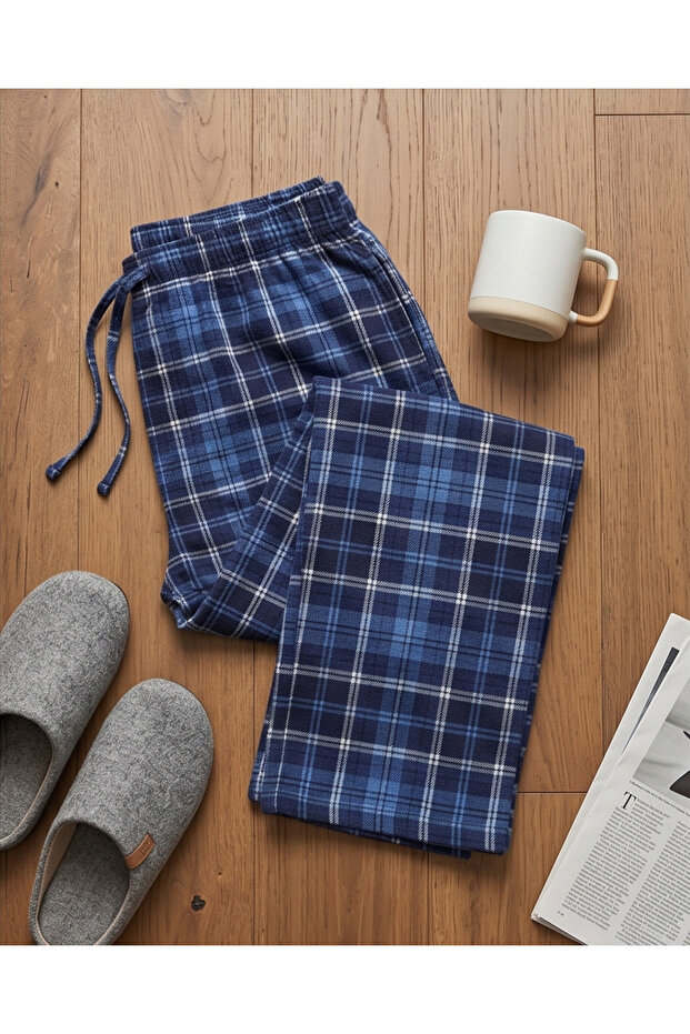 Men's Checkered Pocketed Elastic Waist Cotton Pajama Bottoms – 3-Thread Ribbed