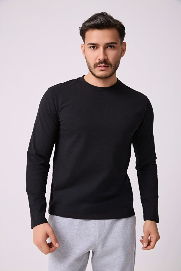 Men's Crew Neck Long Sleeve Regular Fit Basic T-Shirt Black