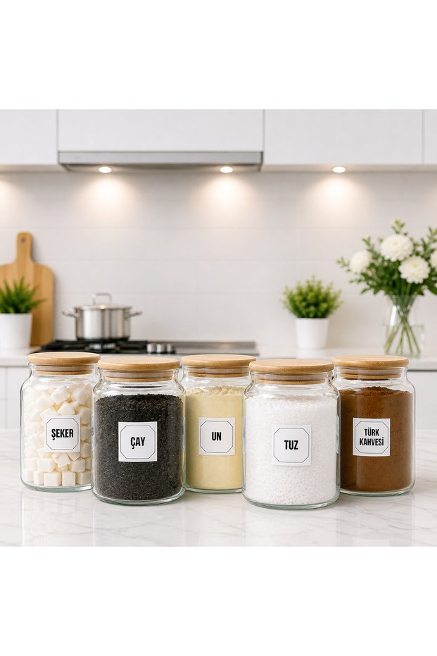 5-Piece Wooden Vacuum Lid Glass Flour Salt Sugar Tea Turkish Coffee Storage Jar 800 ml with Label Gift