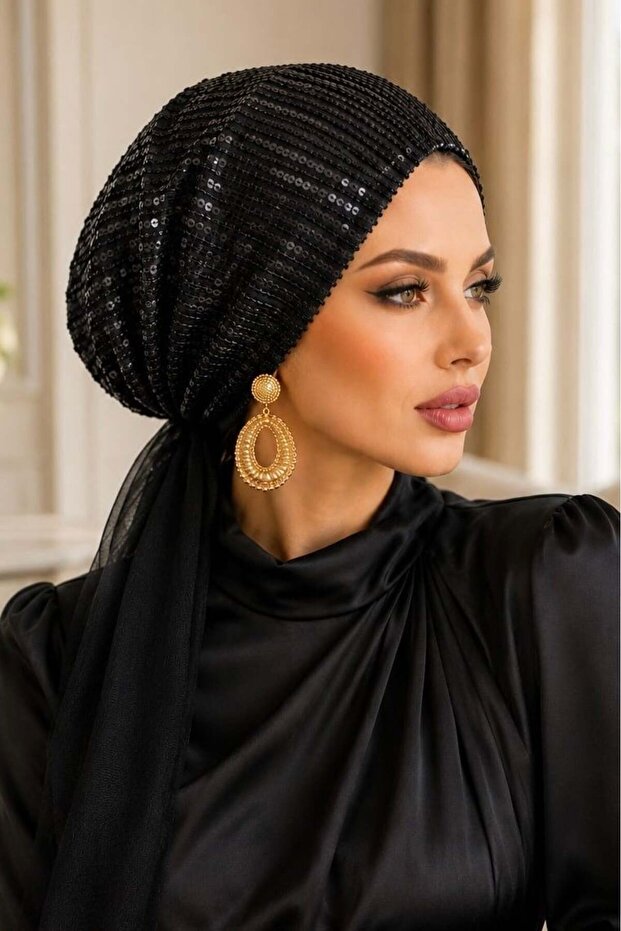 وشاح فستان سهرة أسود مزين بالترتر مع قبعة