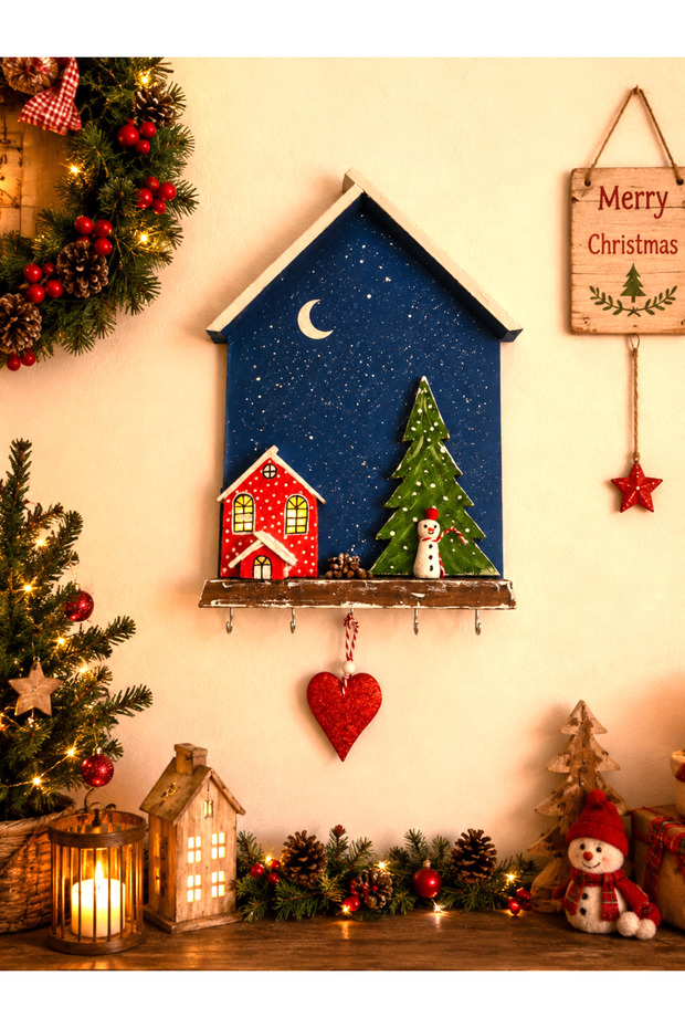🎄 New Year Themed Wooden Key Hanger – 30X30 cm