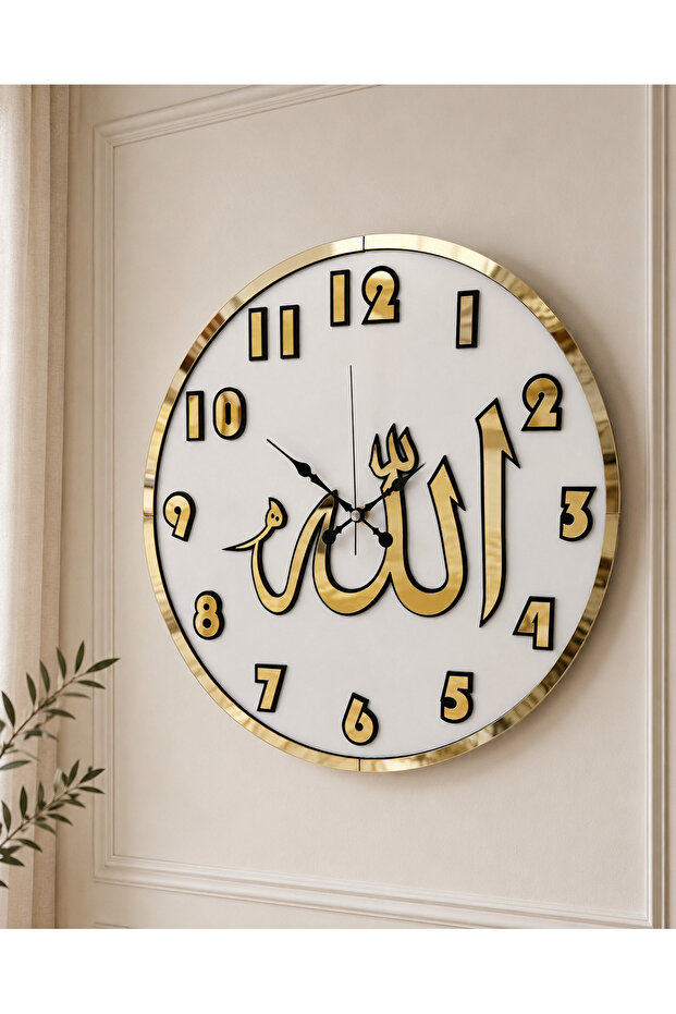 ساعة حائط مزخرفة خشبية وكلمة الله مع مرآة