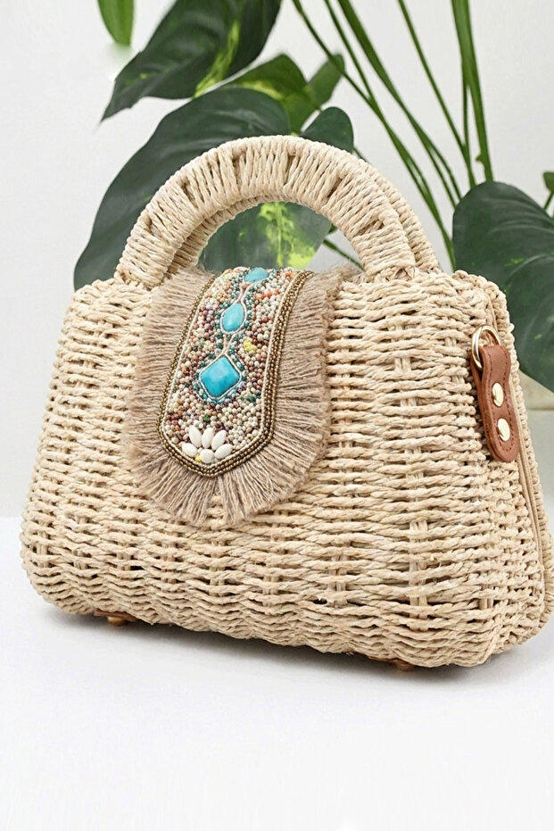 Emerald Stone Embellished Authentic Tassel Shoulder Strap Handle Metal Caged Lined Knitted Straw Bag