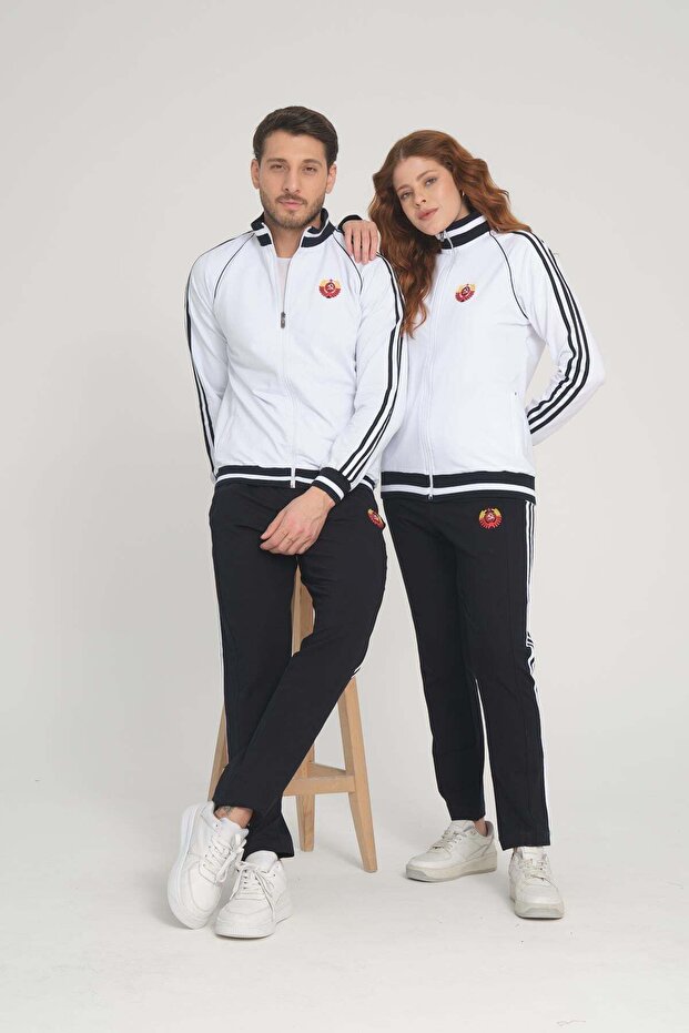 White Unisex Two-Thread Zippered Lover Couple Combination Comfortable Sports Tracksuit Set - Two-Piece 7663-1