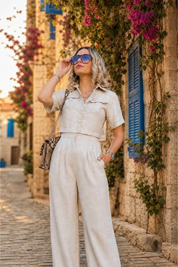 Women's Linen Suit Jacket Shirt Trousers - Stone