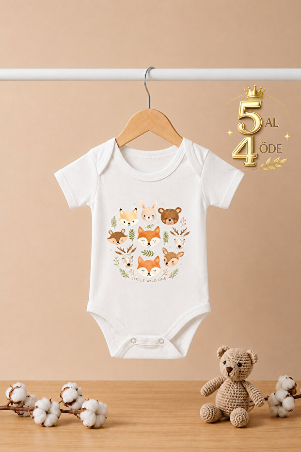 Cute Forest Theme Fox Printed Short Sleeve Baby Bodysuit with Snap Fasteners 100% Cotton