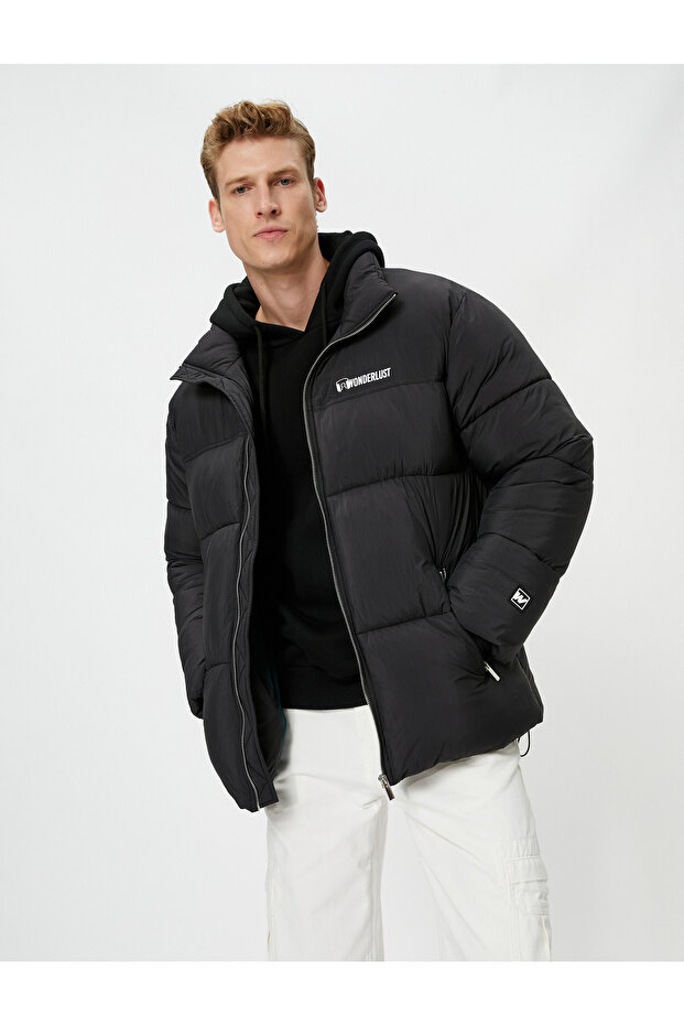 Puffer Jacket Stand Collar Slogan Printed Zippered Pocket Detail