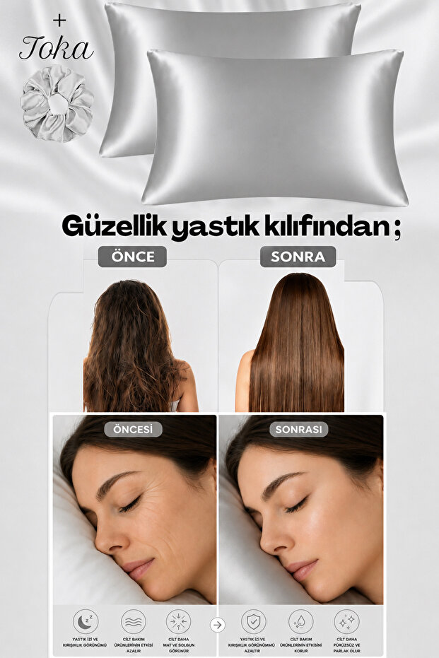 Pillowcase That Reduces Hair Breakage, 2 Pieces, 50X70Cm, 1 Piece with Satin Buckle, Silver