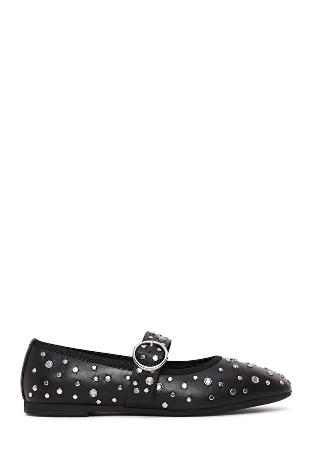 Women's Black Buckle-Stone Leather Ballerinas 26Pfd270118