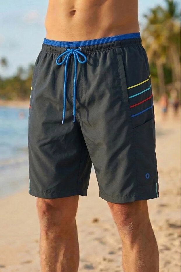 Men's Swim Shorts with 2 Zipper Pockets Cotton Water Absorbent Lining Navy Blue K-195