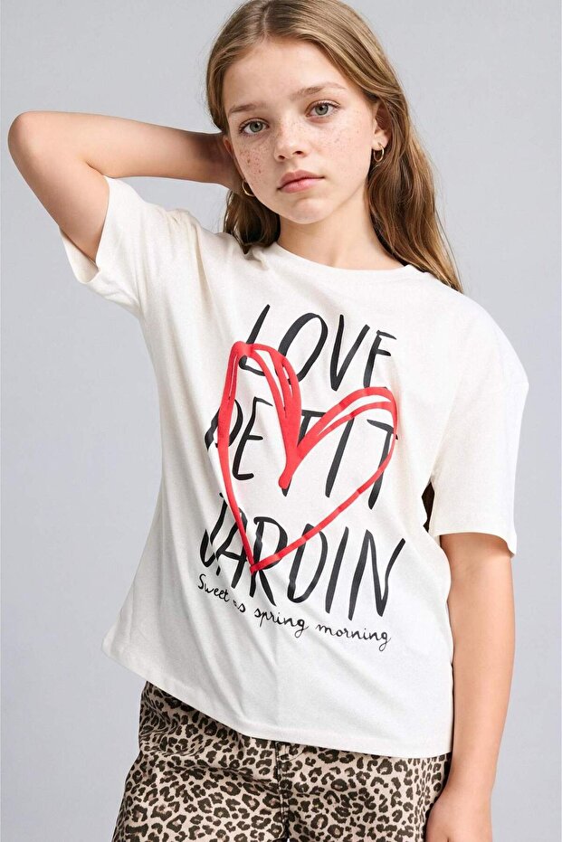 100% Cotton Crew Neck Printed Short Sleeve Ecru T-Shirt for Girls H8854A826Hs