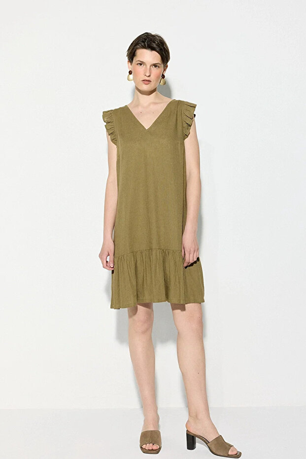 Linen Dress with Lace-Up Back and Ruffles - Khaki
