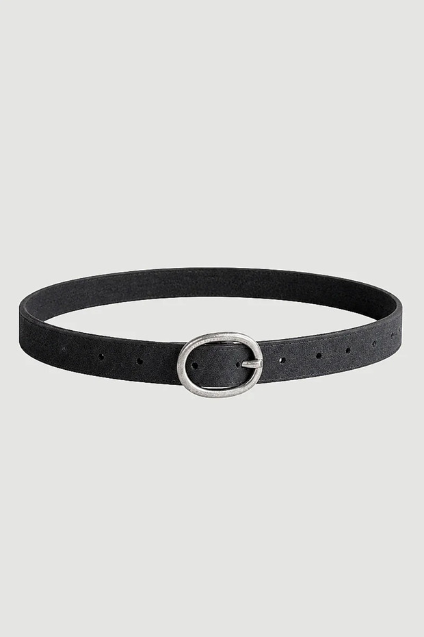 Oval Buckle Faux Suede Belt - Black