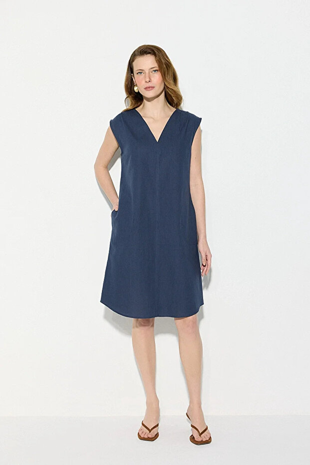 V-Neck Cotton Linen Dress - Navy Blue