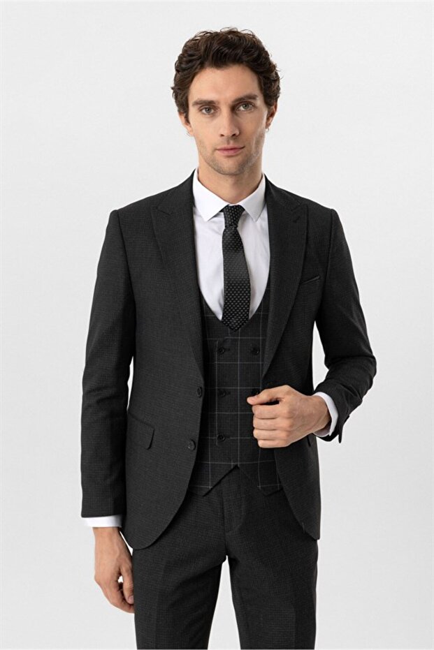 Cavalry Slim Fit 6 Drop Patterned Combination Black Suit - 5