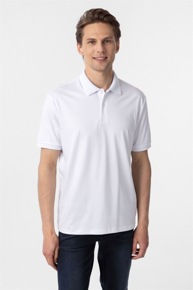Beyaz Regular Baskılı Polo Yaka Tişört - 1