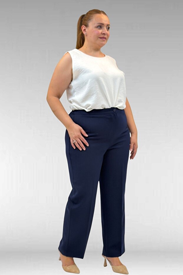 29021 Plus Size Double Pants with Buttons at the Waist - Navy Blue