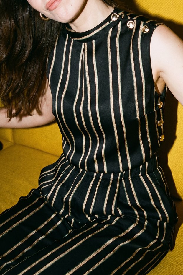 Flowy Fabric Gold Button Epaulette Striped Waist Elasticated Pants Sleeveless Neck Draped Matte Satin Crop Top Suit Set