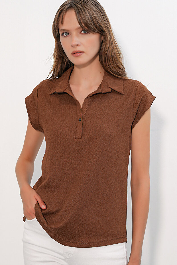 20123 Polo Collar Knitted Blouse - Brown