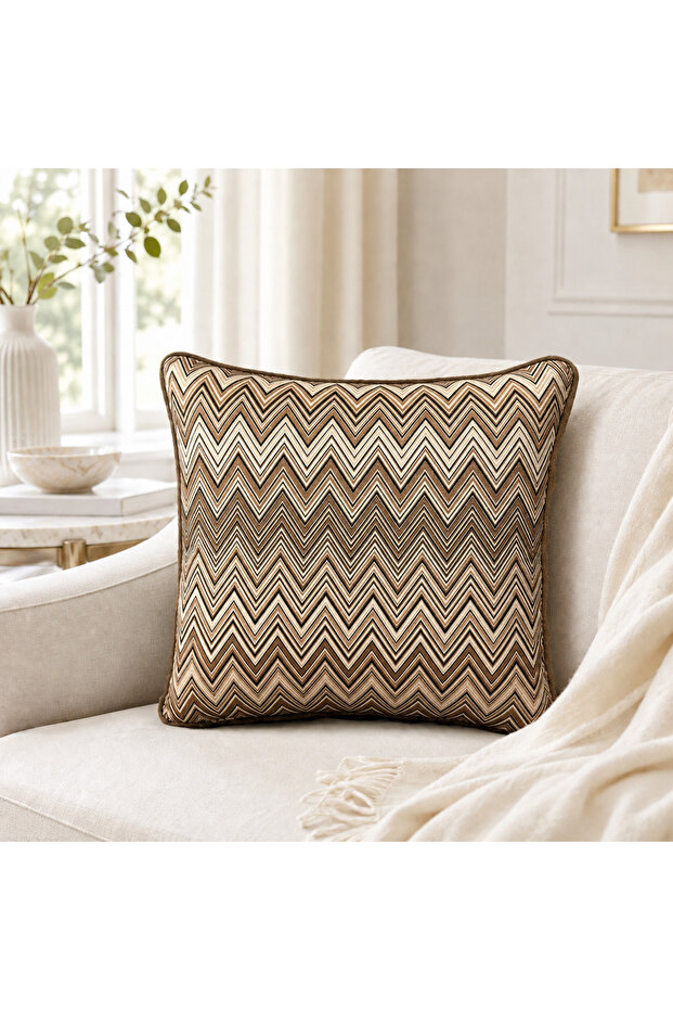 Imported Silk Velvet Chevron Patterned Brown Throw Pillow Cover 43X43Cm (Double Sided Pattern)