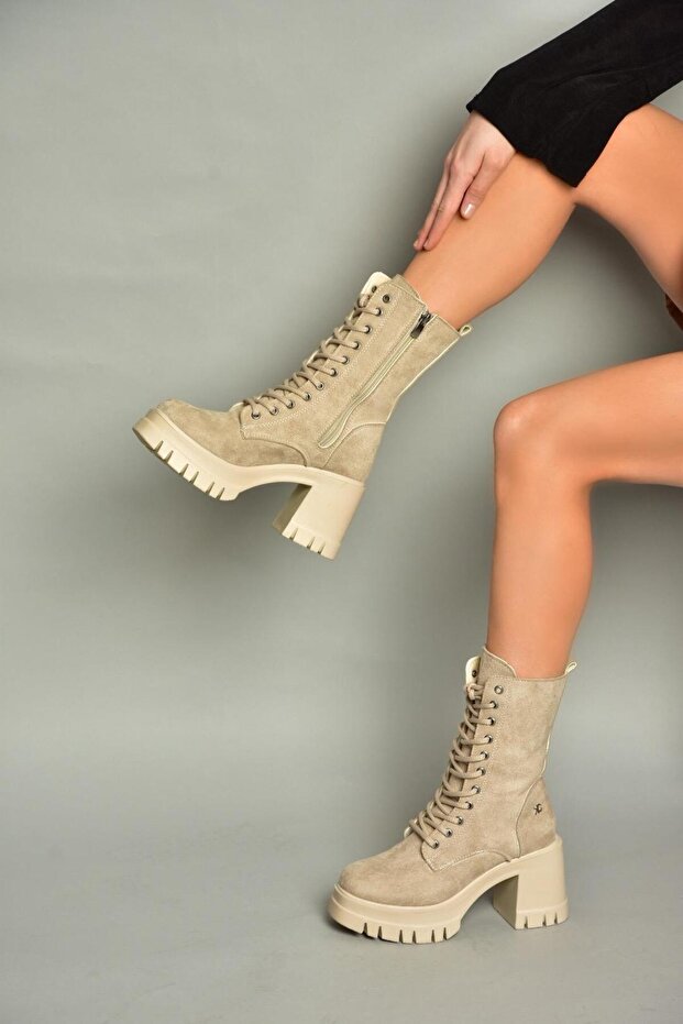 T973559002 Beige Suede Thick Heel Women's Combat Boots