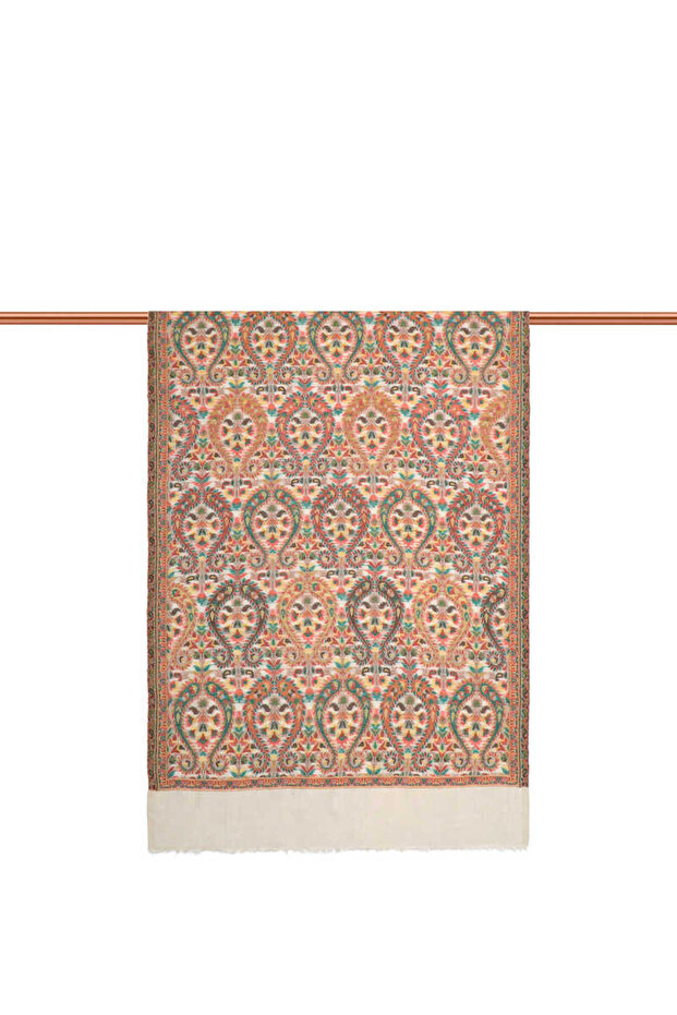 Red Jacquard Patterned Wool Shawl - 3