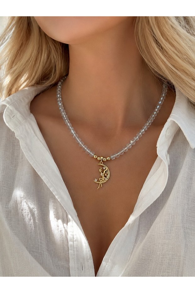Ice Blue Crystal Beaded Steel Charm Necklace | Women's Summer Bijouterie Necklace