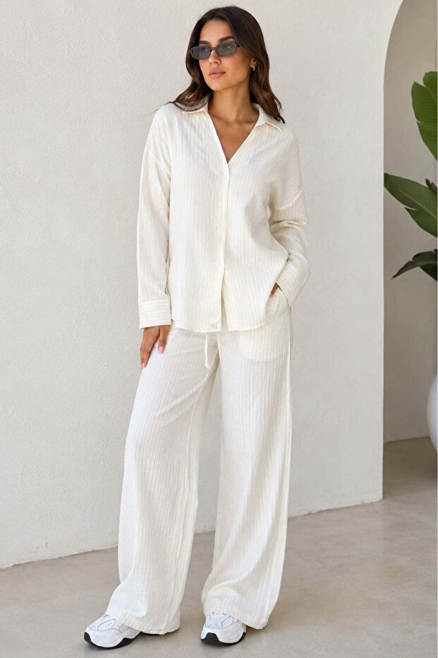 Ecru long sleeve striped shirt pants double set mg2329